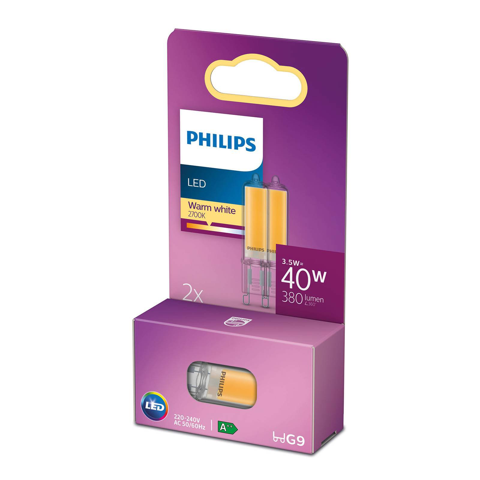 Philips LED-stiftpære G9 3,5 W 2 700 K klar 2-er