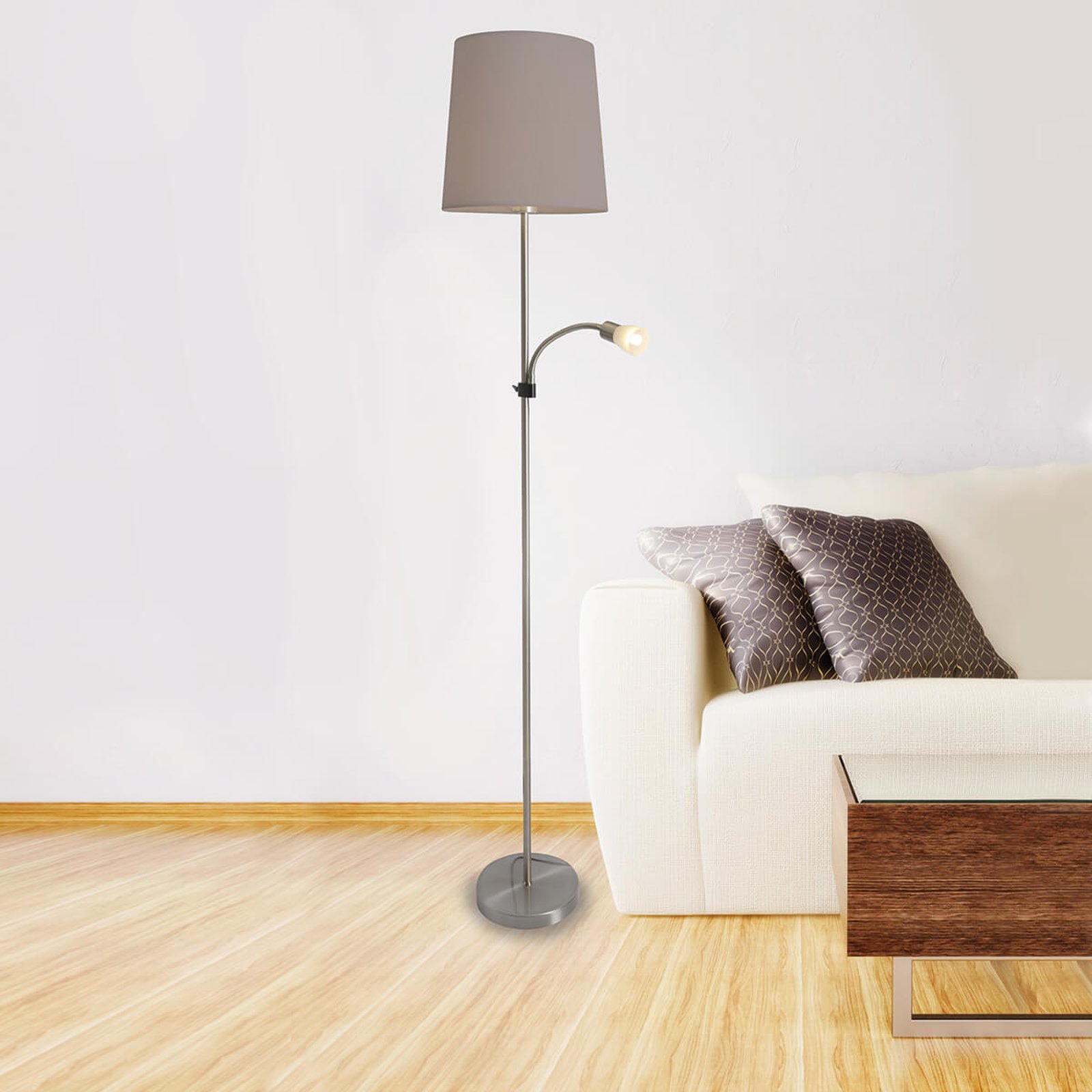 Lara, tekstil-gulvlampe med LED-leselampe