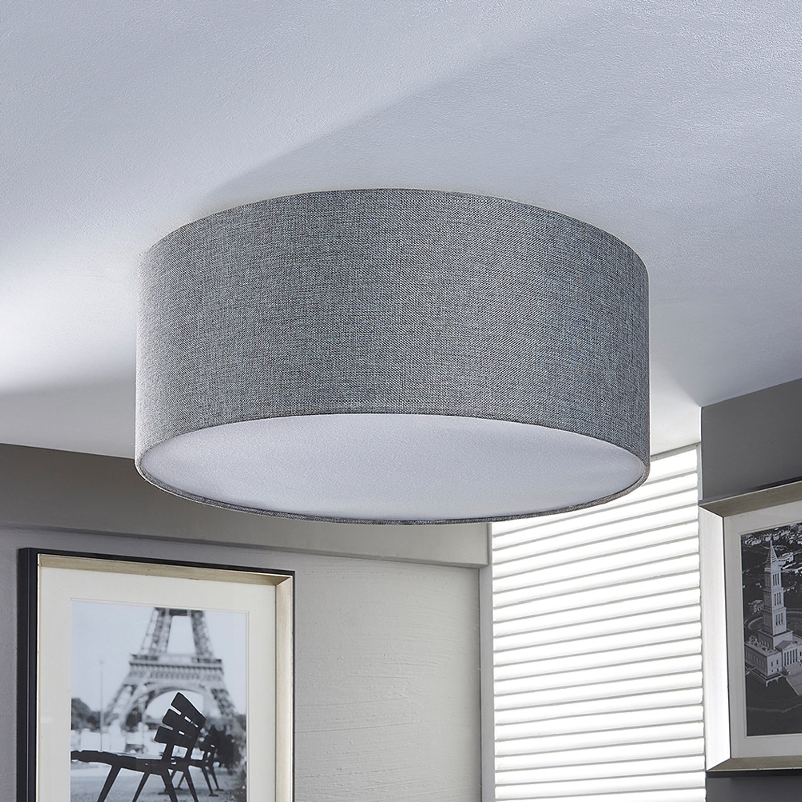Sølvgrå stofftaklampe Pitta med linutseende