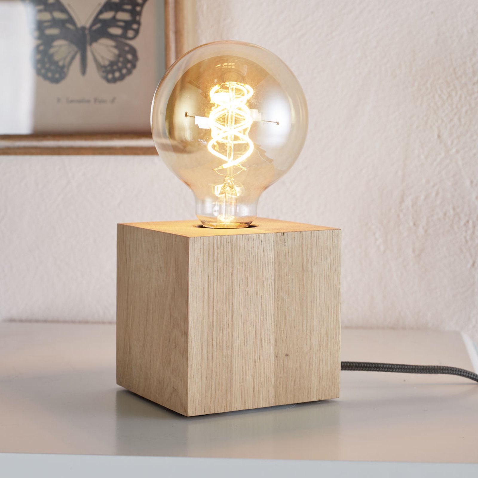 Terningformet bordlampe Trongo, ledning antrasitt
