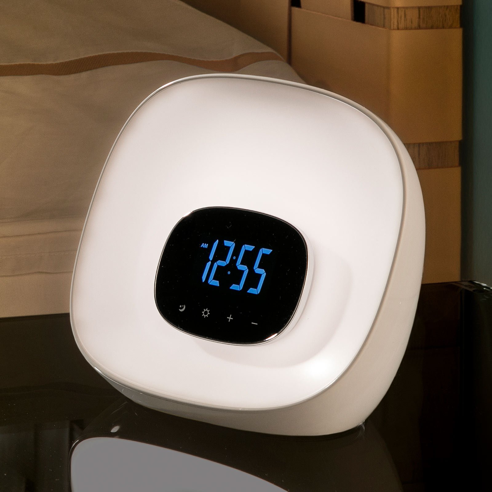 Bordlampe Sunrise med klokke, radio, vekkerklokke