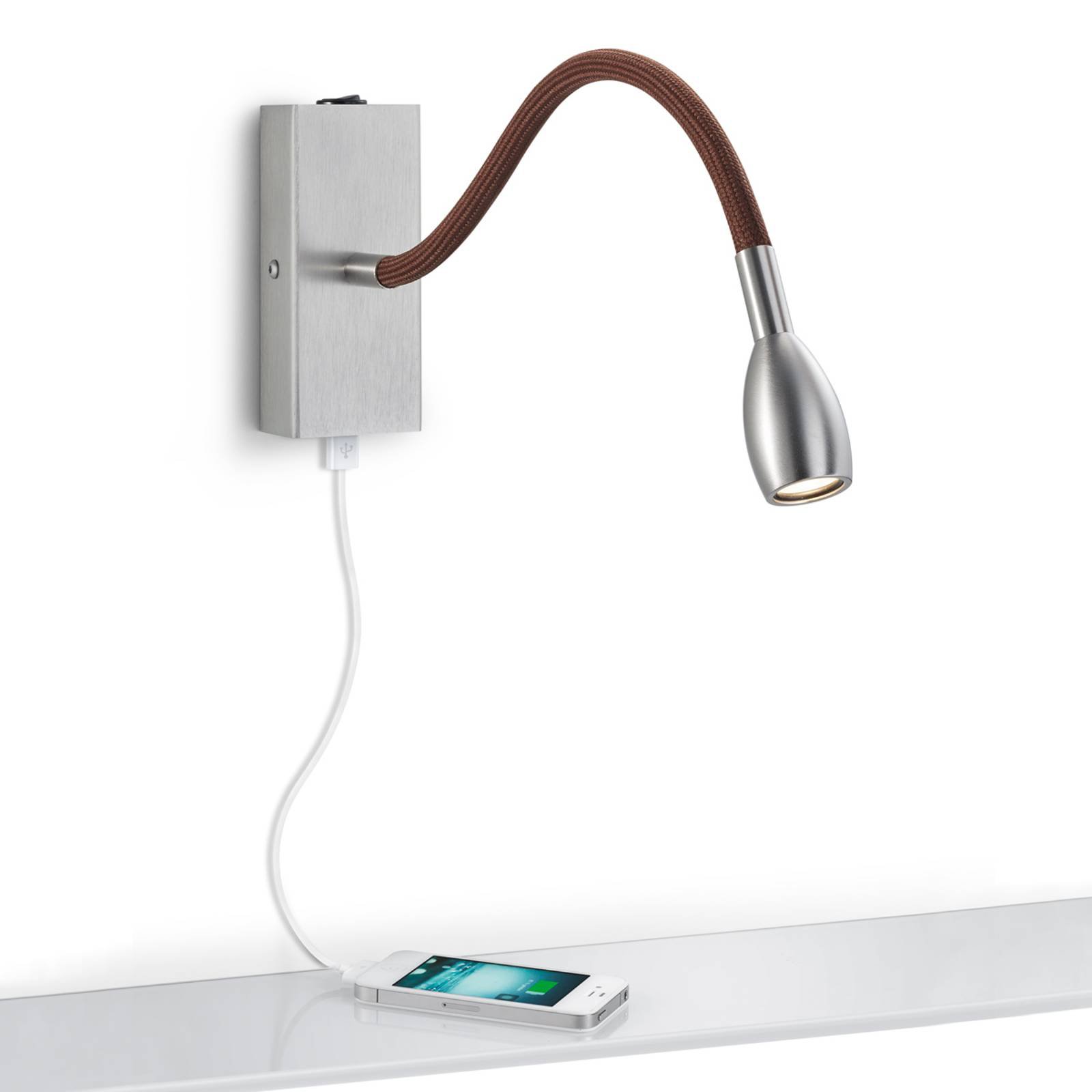 Mattgrå LED-vegglampe Milos med brun tekstil