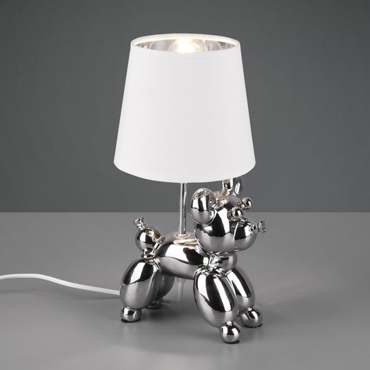 Bordlampe Bello med hundefigur, sølv/hvit