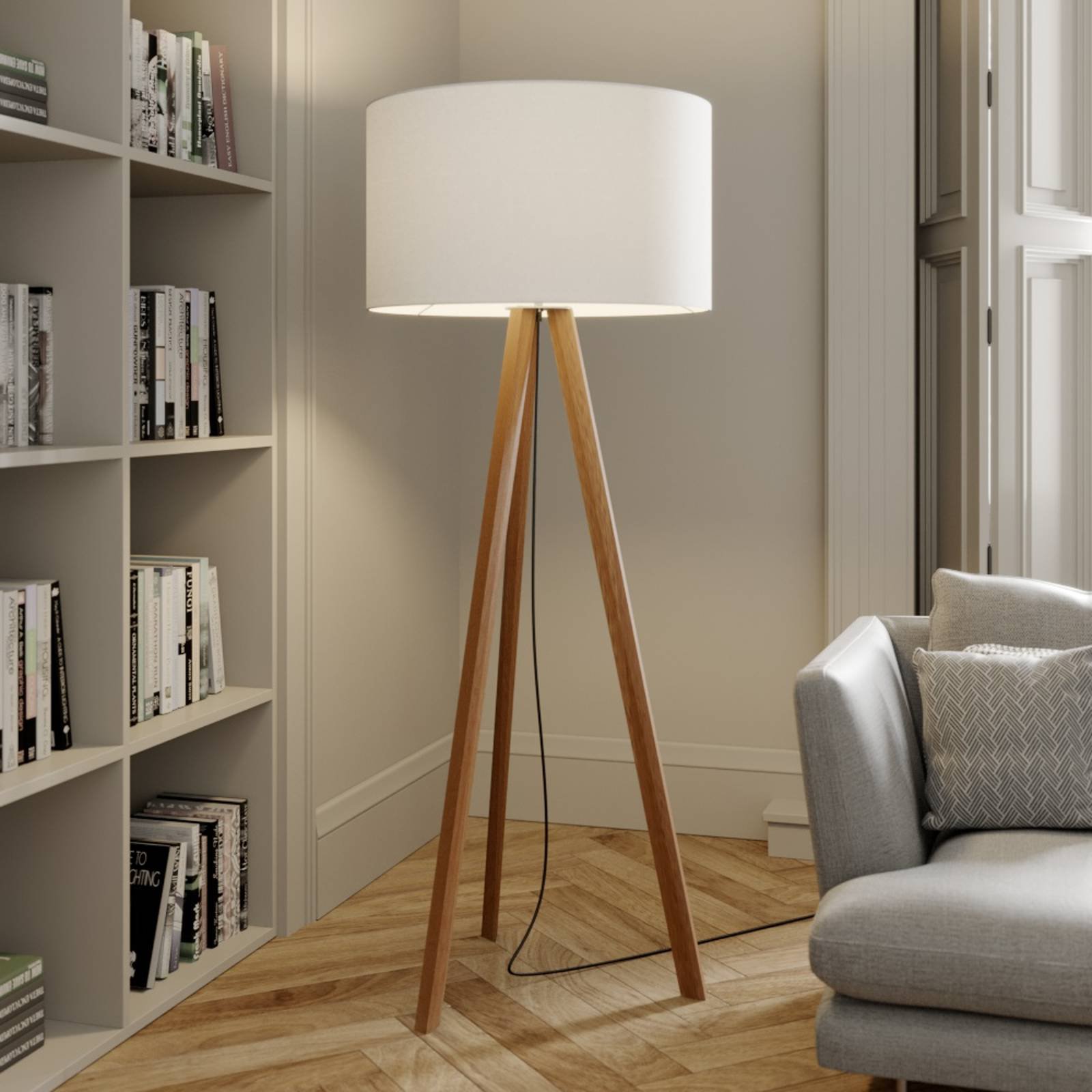 Trefots vegglampe Makira med stoffskjerm, eik