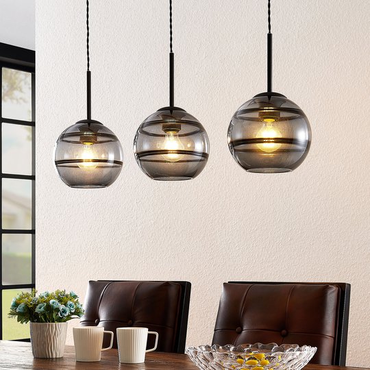 Lucande Ably pendellampe, røykglass, 3 lyskilder