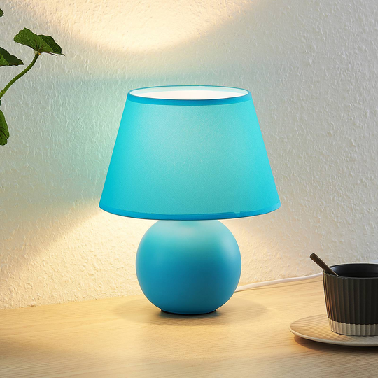 Lindby Calliota tekstil-bordlampe, rund, lyseblå
