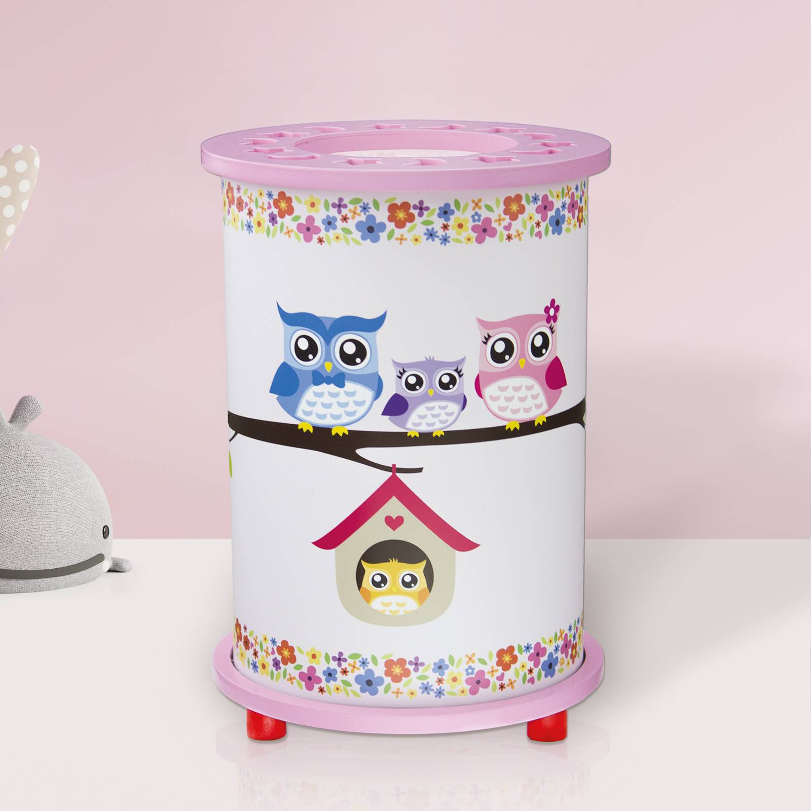 Bordlampe Ugle til barnerom, hvit og rosa