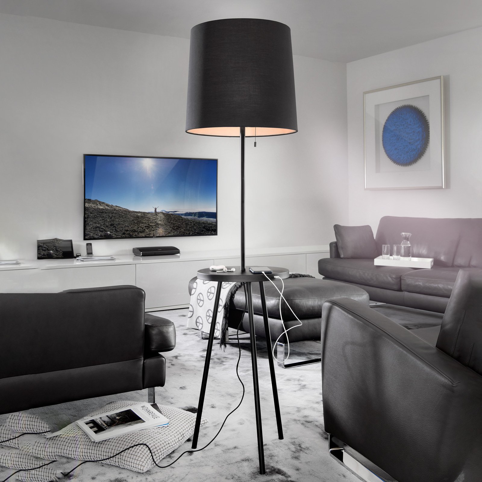 Gulvlampe Tabulo, hylle og USB-port, svart