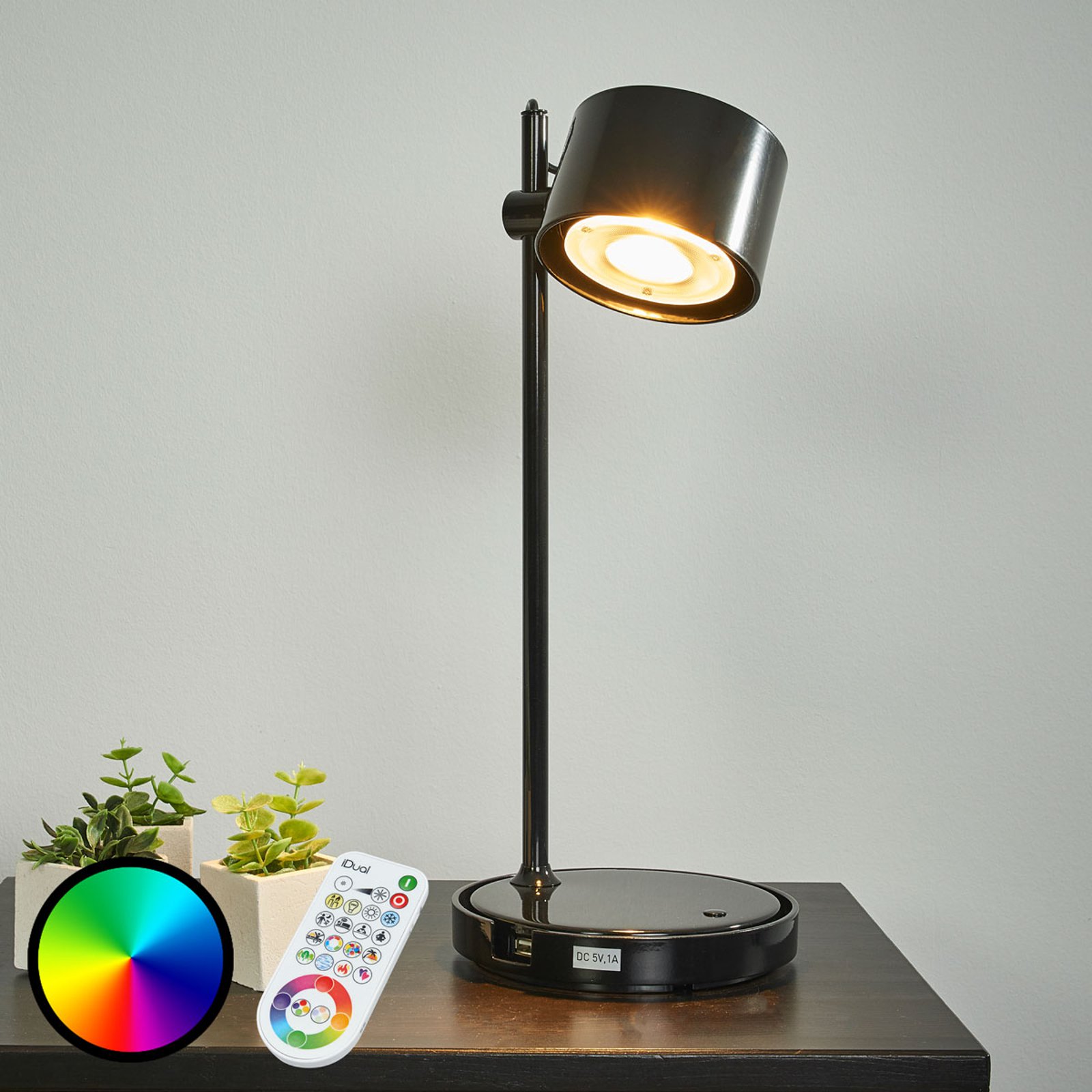 Svart LED-iDual-bordlampe Jasmine m. fjernkontroll