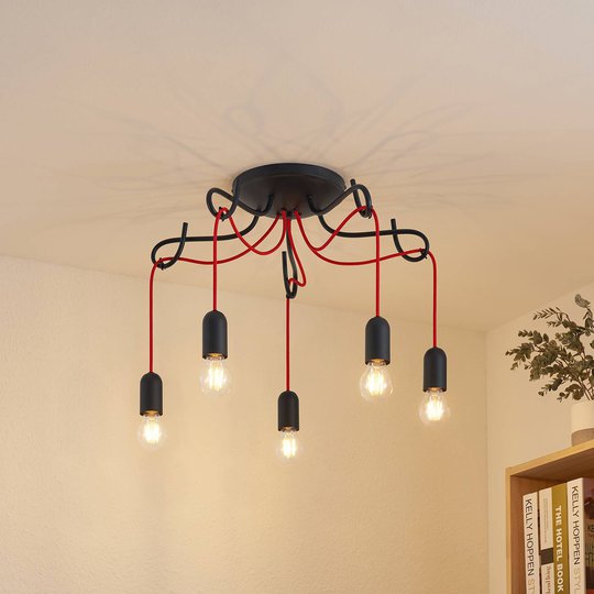 Lucande Jorna taklampe, 5 lyskilder, rød kabel