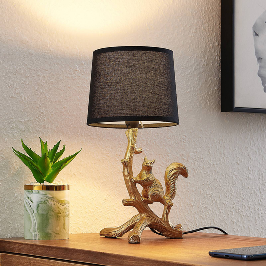 Lindby Squira tekstil-bordlampe, svart-gull
