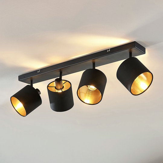 Stoff- taklampe Vasilia i svart-gull, 4 lyskilder