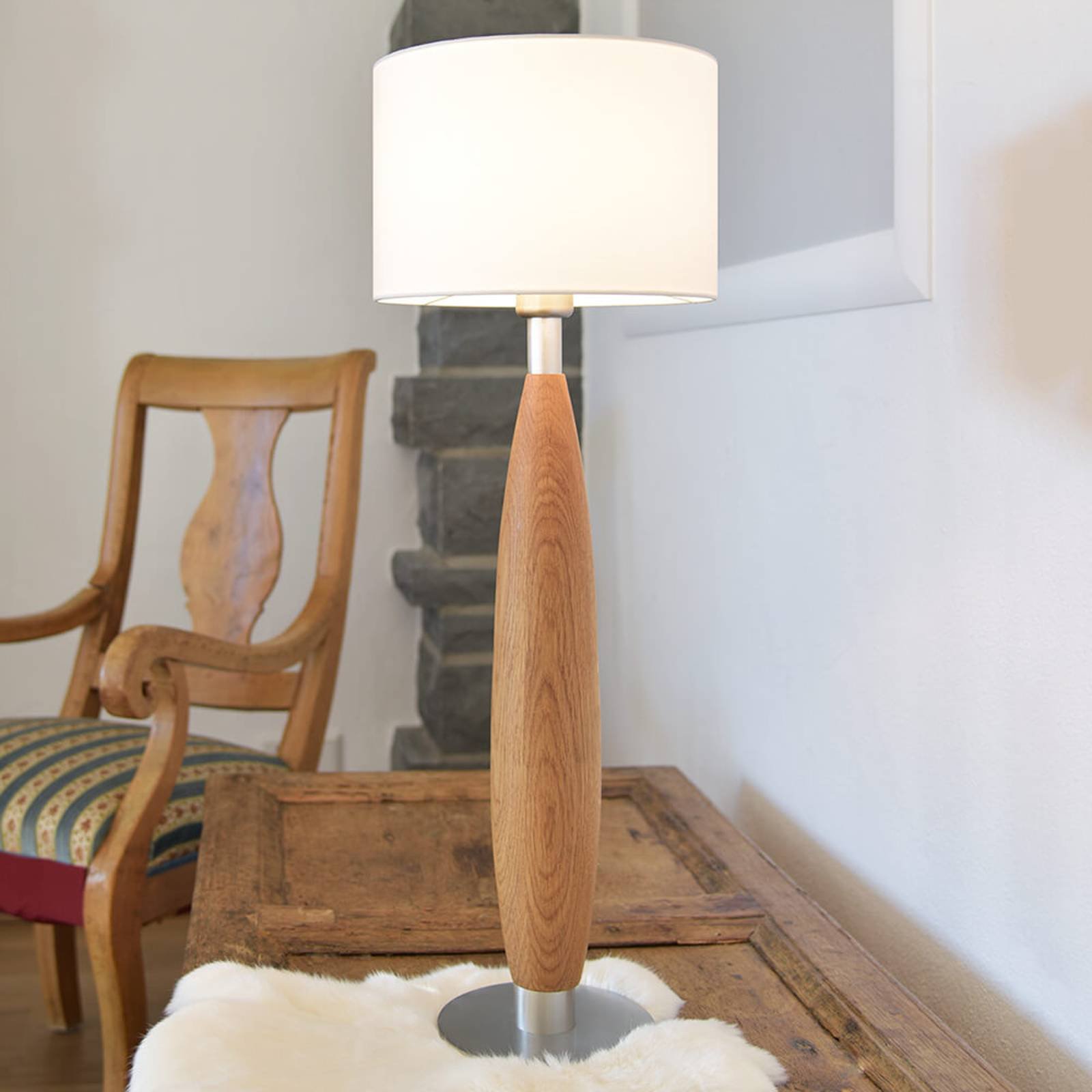 HerzBlut Paula bordlampe av eiketre med tektstil