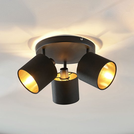 Stoff- taklampe Vasilia i svart-gull, 3 lyskilder