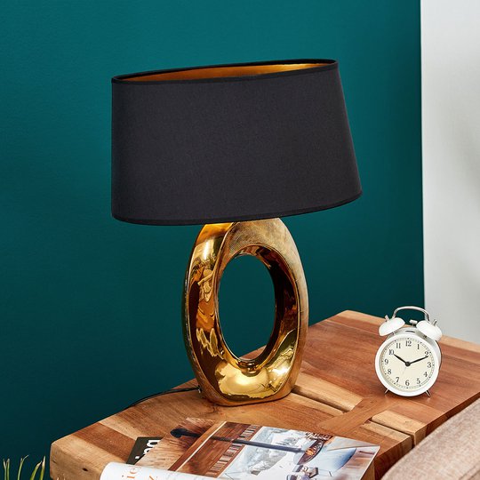 Bordlampe Quina med tekstilskjerm, gull/svart