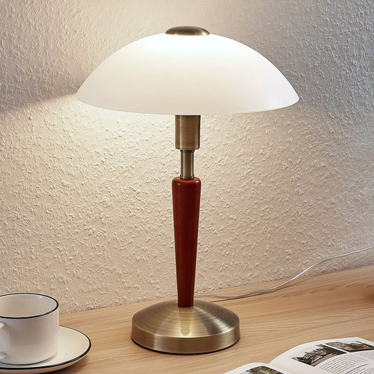 Bordlampe Tibby med en glasskjerm og tredekor