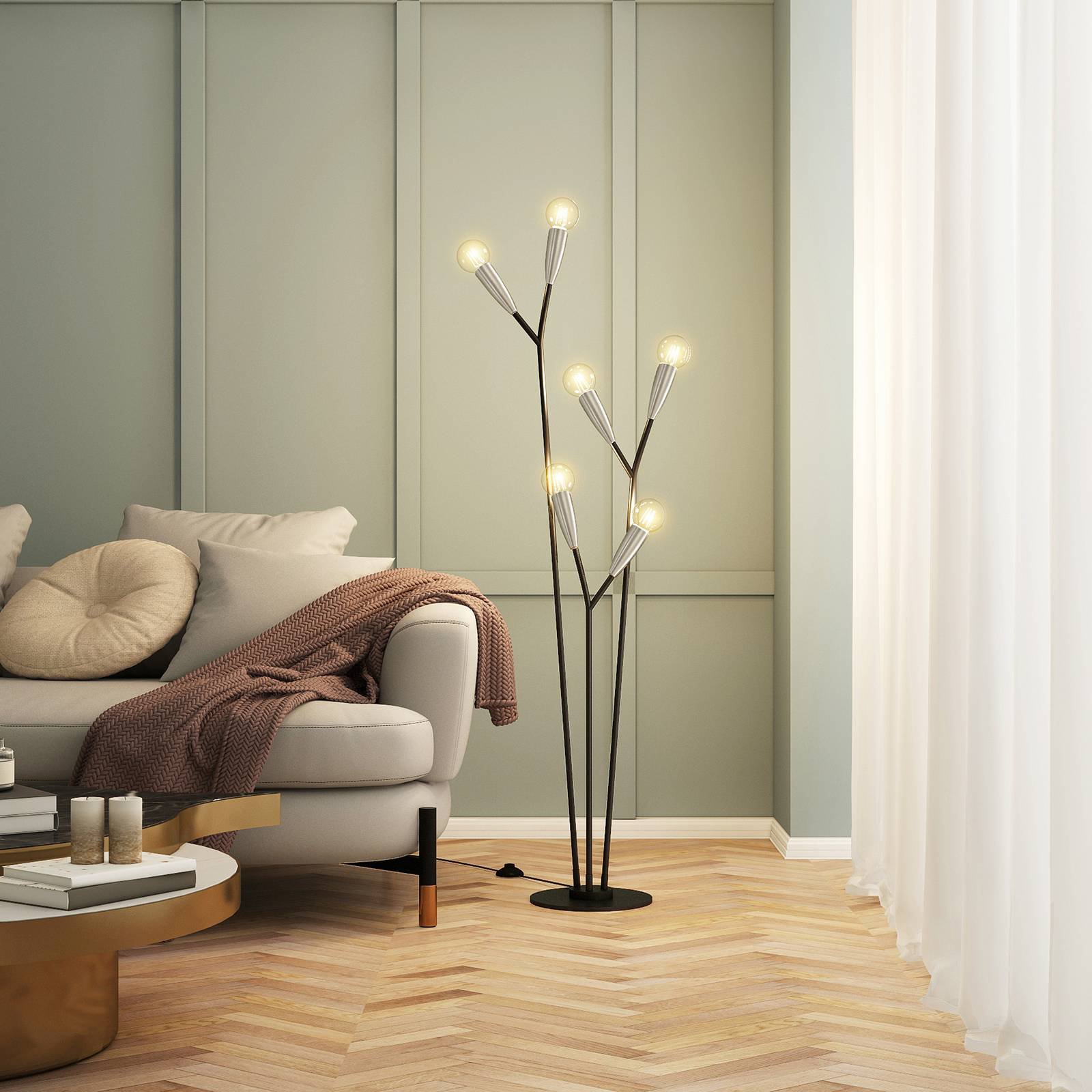 Lucande Carlea gulvlampe, 6 lyskilde, svart nikkel