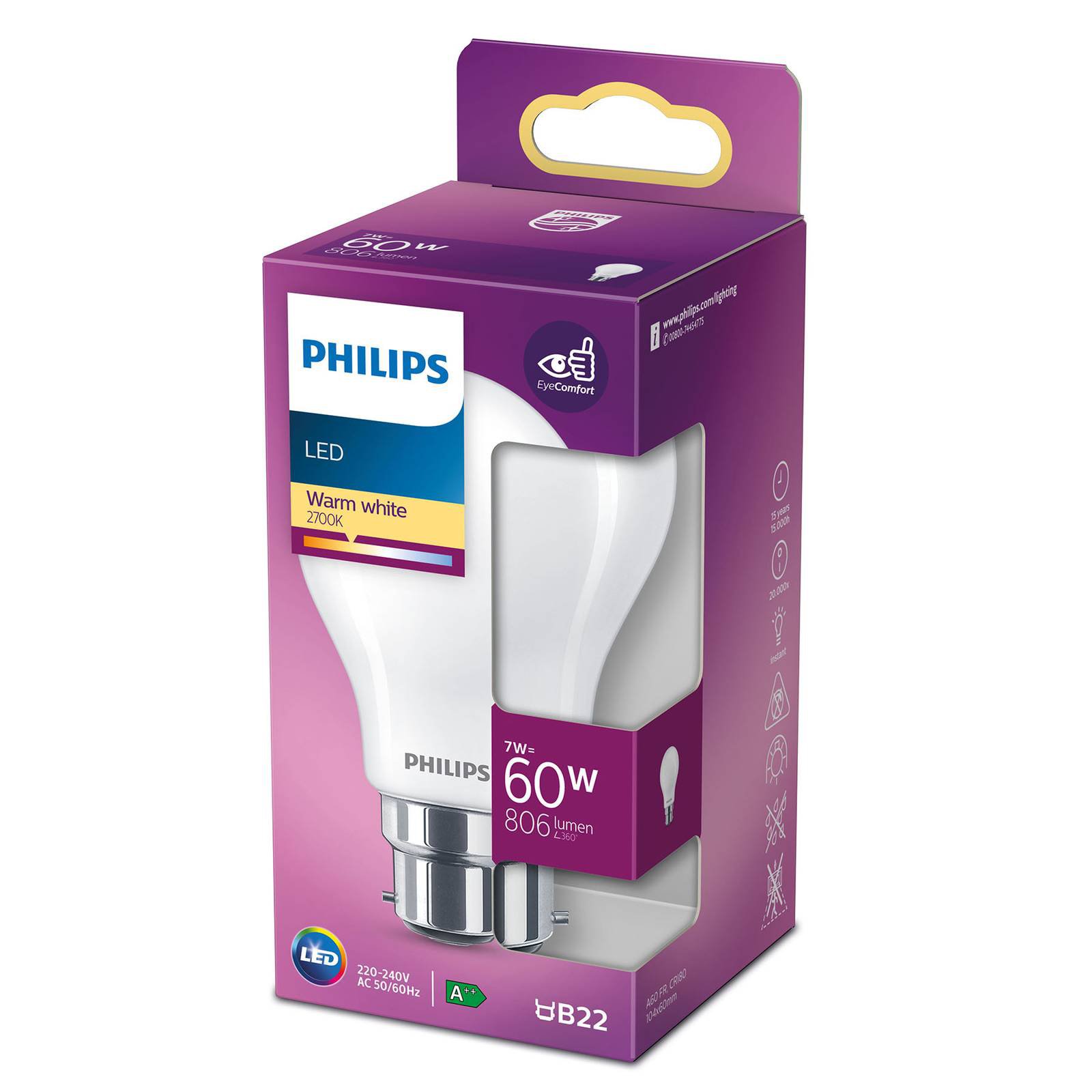 Philips LED-pære Classic B22 A60 7W 2 700 K matt