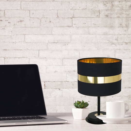 Bordlampe Palmira med tekstilskjerm, svart/gull