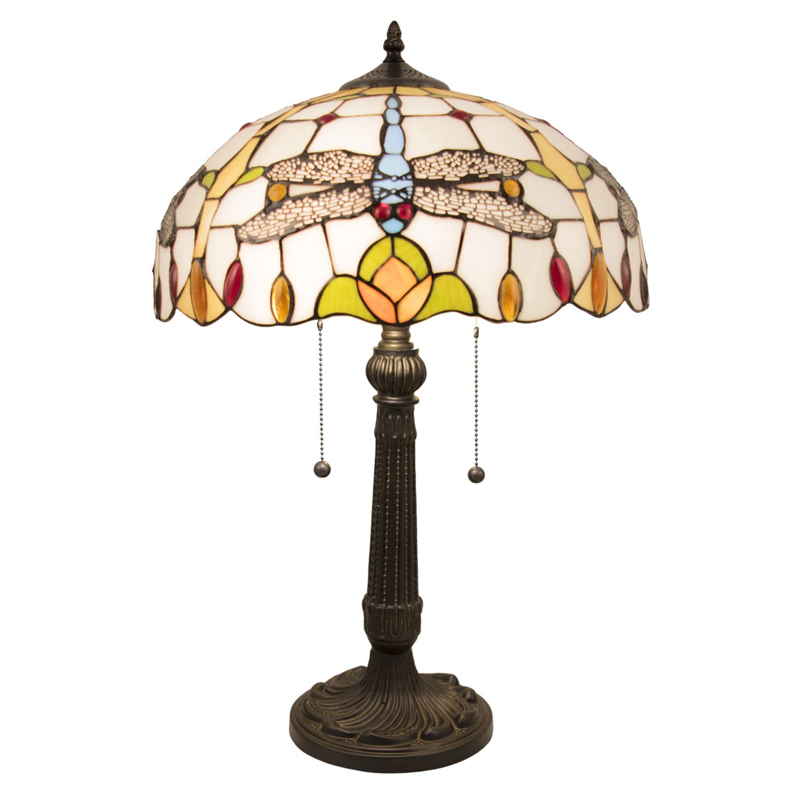 5945 bordlampe i Tiffany-look med øyenstikkere