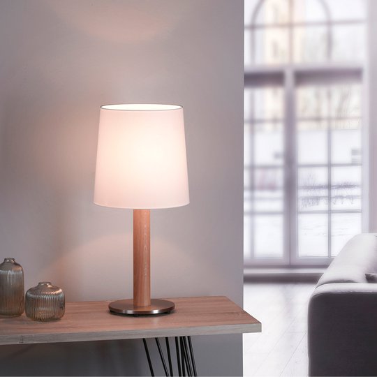 Lucande Elif bordlampe hvit, sylinder naturlig eik
