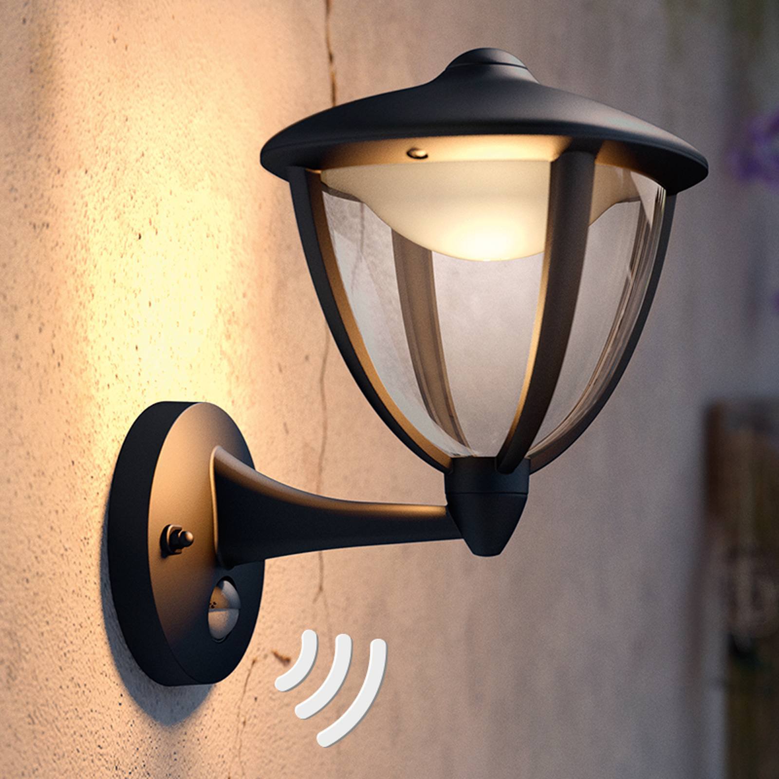 Philips Robin LED-vegglampe sensor svart oppe