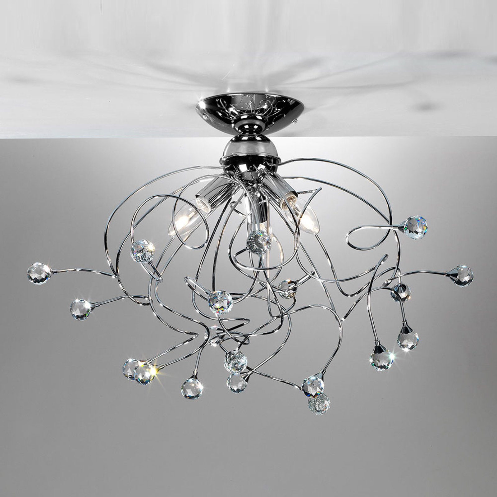 Taklampe Trilly in krom med krystaller, 3 lys
