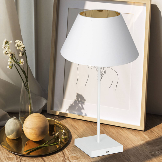 Bordlampe Table hvit, skjerm konisk hvit-gull