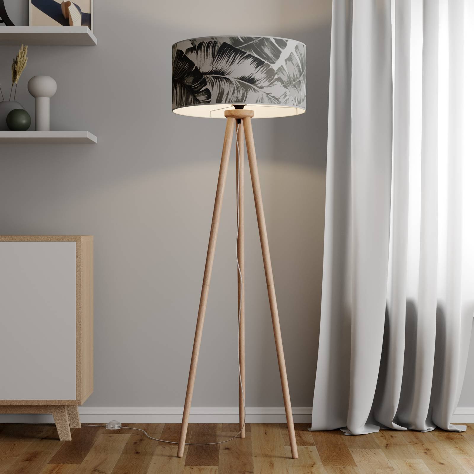 Gulvlampe Madera med trykket lampeskjerm