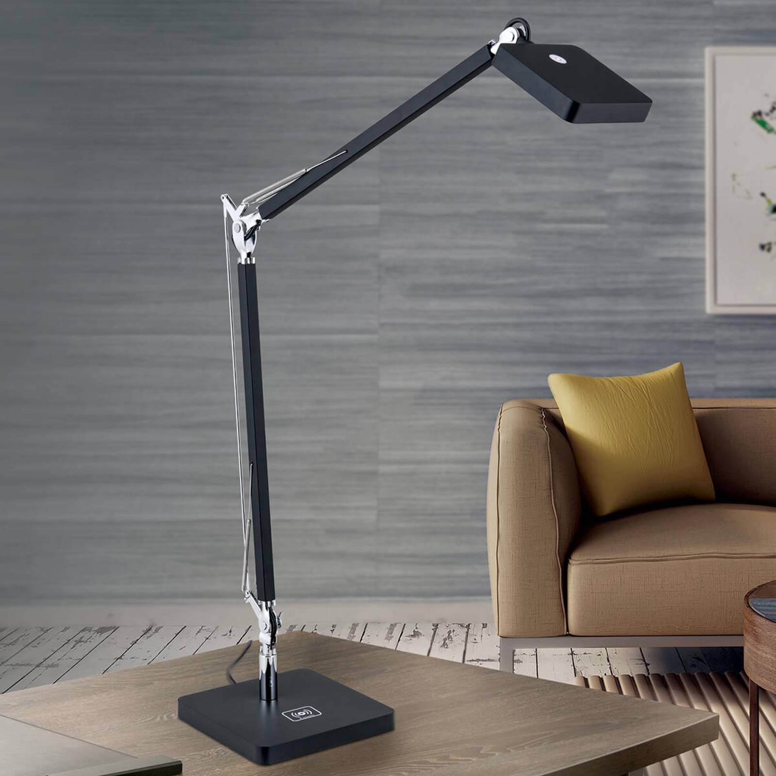 Svart LED-skrivebordslampe Dave med Qi