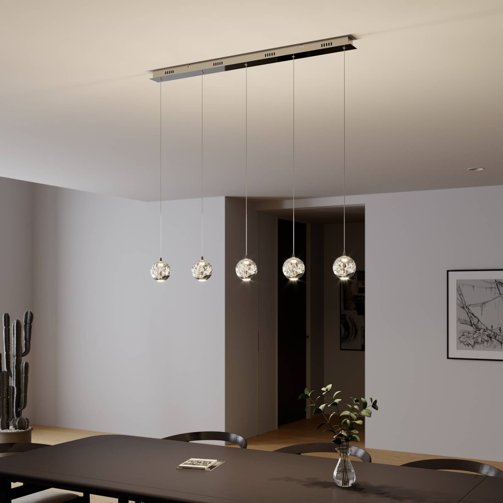 LED-pendellampe Hayley, 5 lyskilder, lang, krom