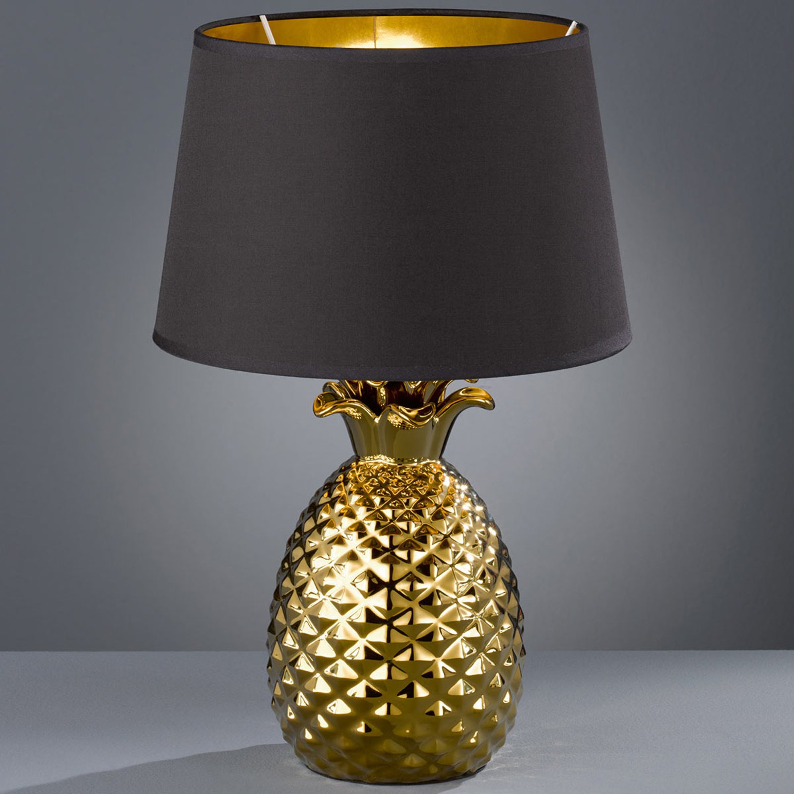 Bordlampe i tekstil Pineapple i gull, svart, 45 cm