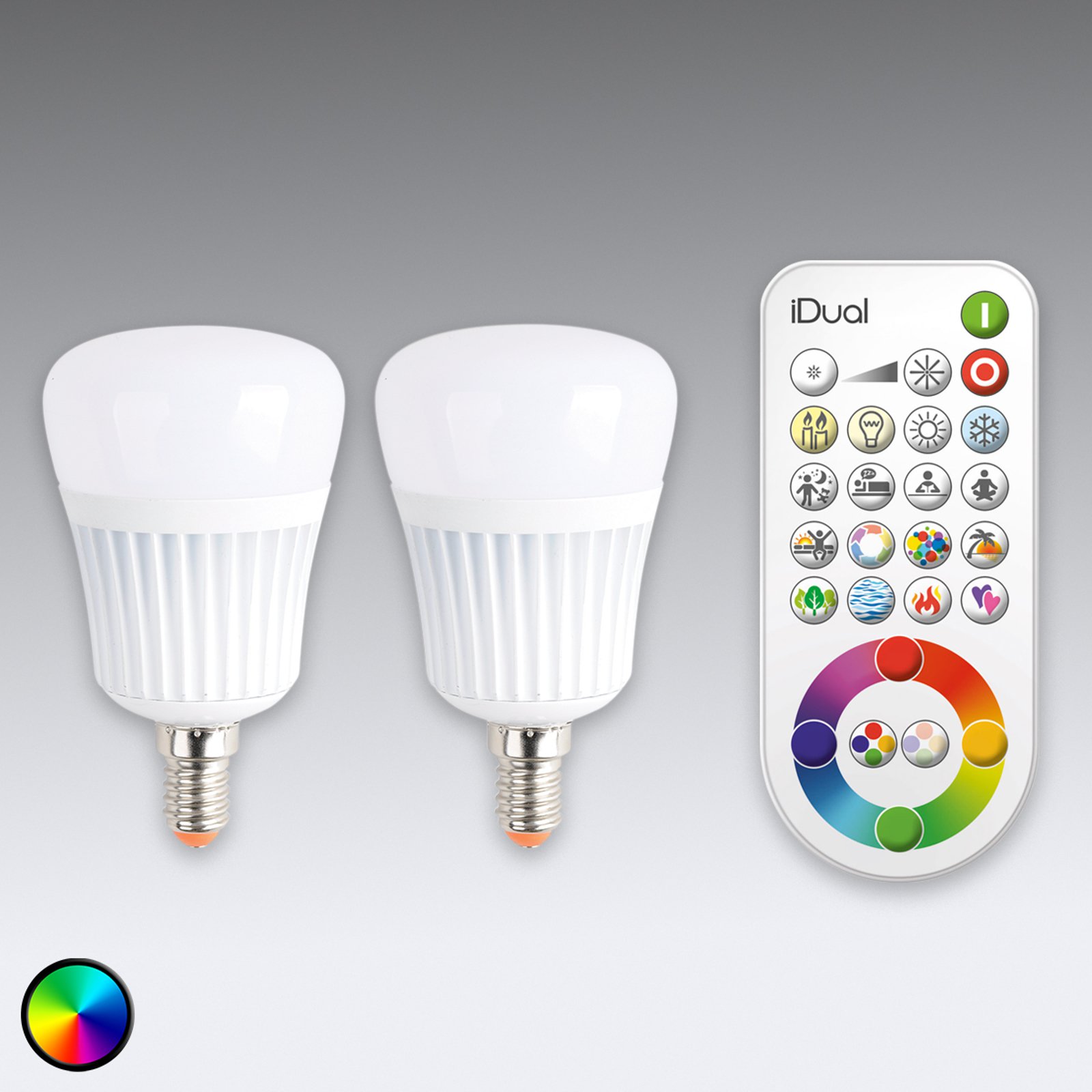 iDual E14 LED-pære m fjernkontroll, sett m 2