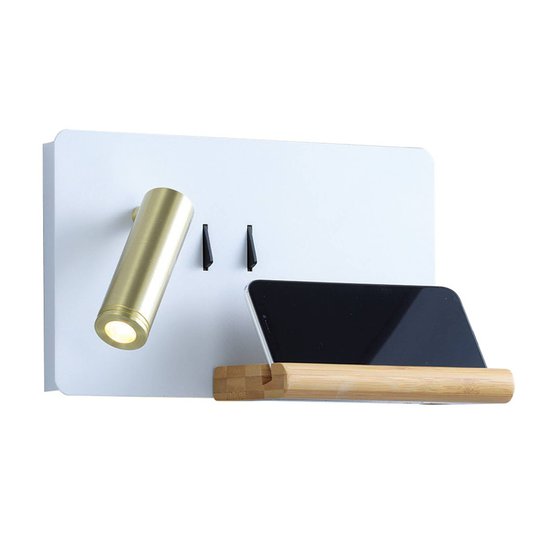 Lucande Kimo LED-vegglampe hvit/nikkel USB hylle