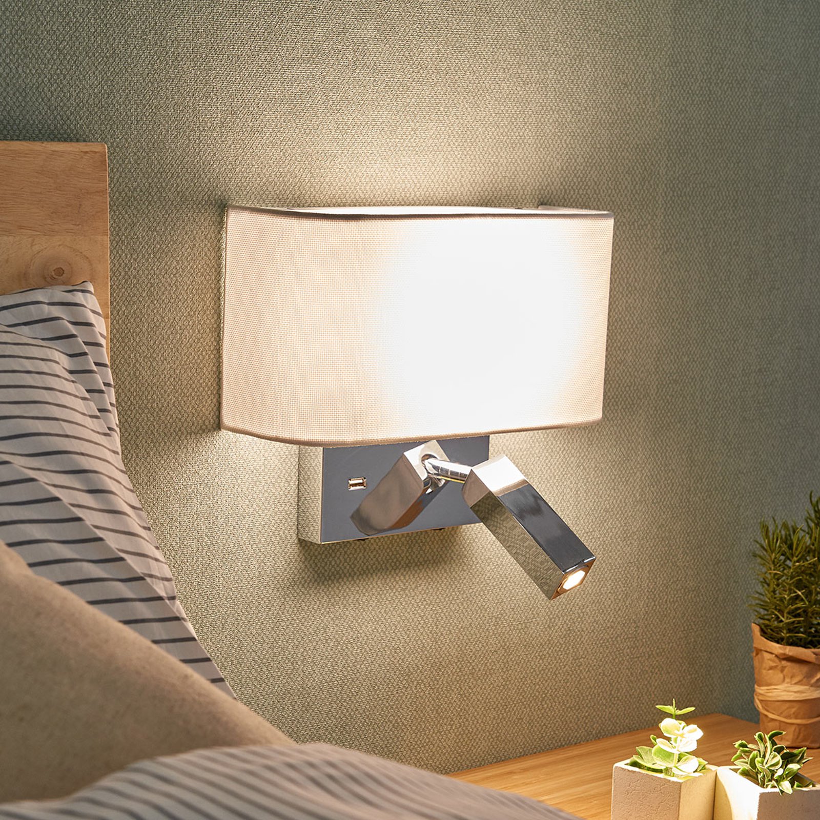 LED-vegglampe Virve med leselys og USB-port