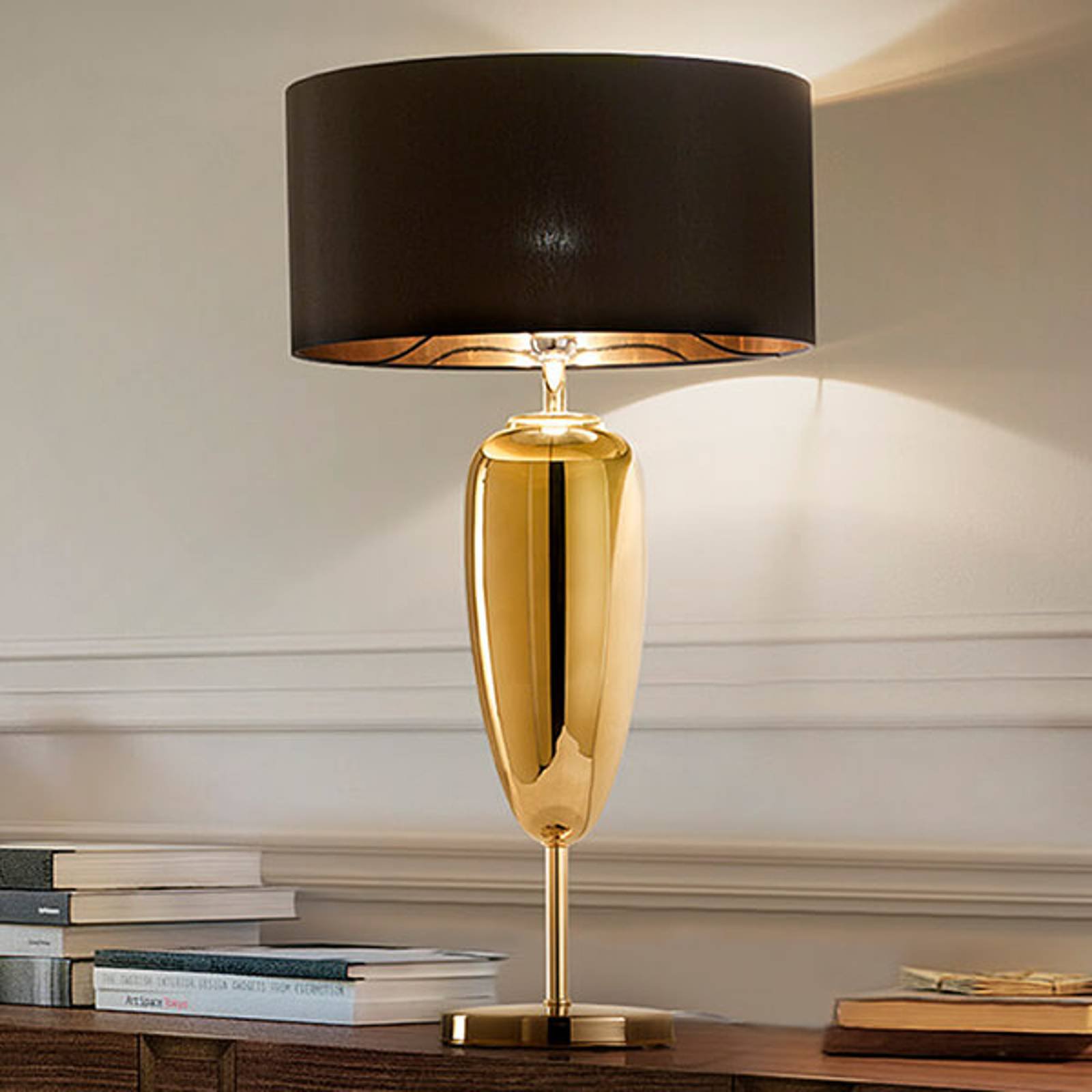 Show Ogiva - tekstil-bordlampe i svart og gull