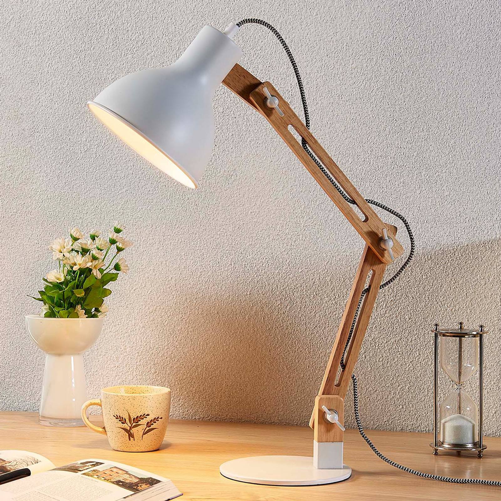 Skrivebordslampe Shivanja i tre med hvit skjerm