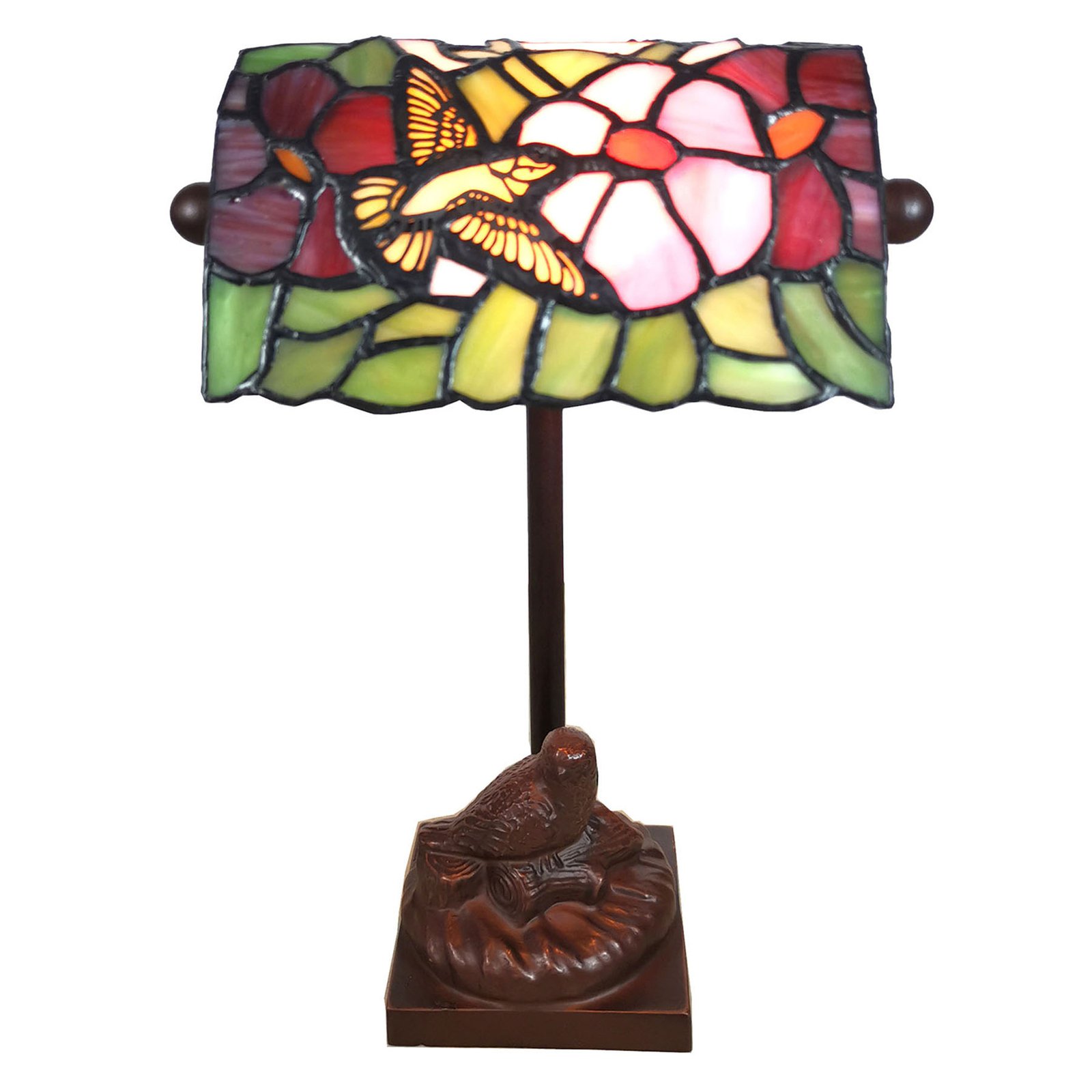 6008 bordlampe, Tiffany-stil, med fuglemotiv