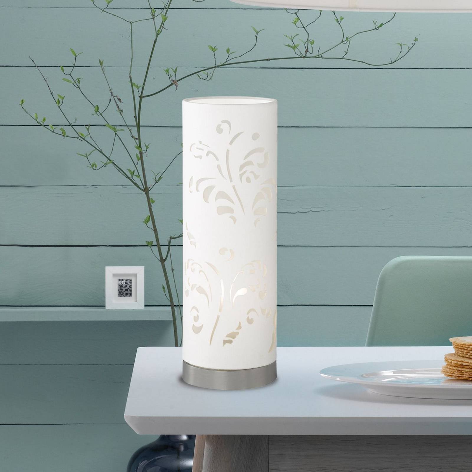 Rørformet bordlampe Flora hvit med dekor